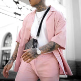 Summer Mens Hip Hop Outfits Short Sleeve Lapel Cardigans And Solid Color Pants Two Piece Suits Men Streetwear Fashion Pink Sets