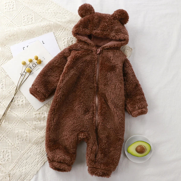 Girls Boys Solid Fleece Soft Bear Hooded Long Sleeve One Piece