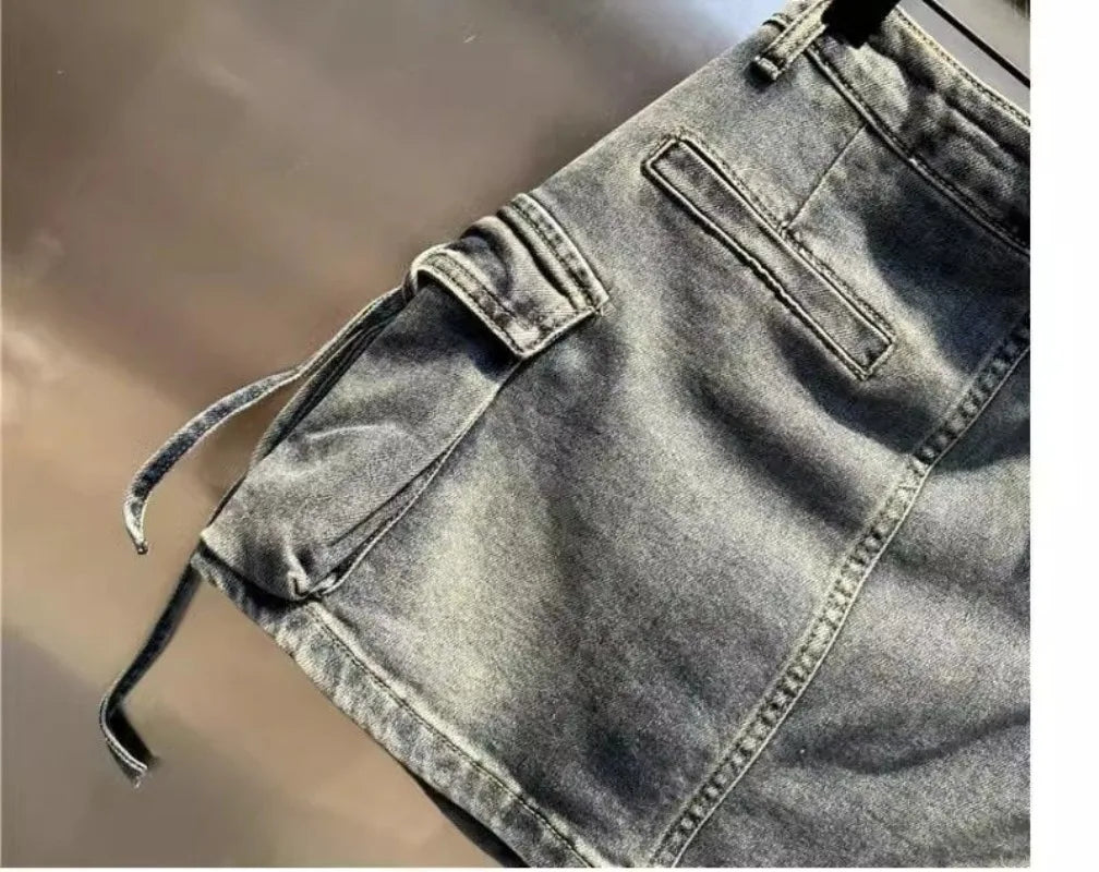 2024 New Fashion Three Dimensional Strap Pocket Wash High Tooling Denim Skirt Women Y2K Summer Vintage Casual Joker A Skirt