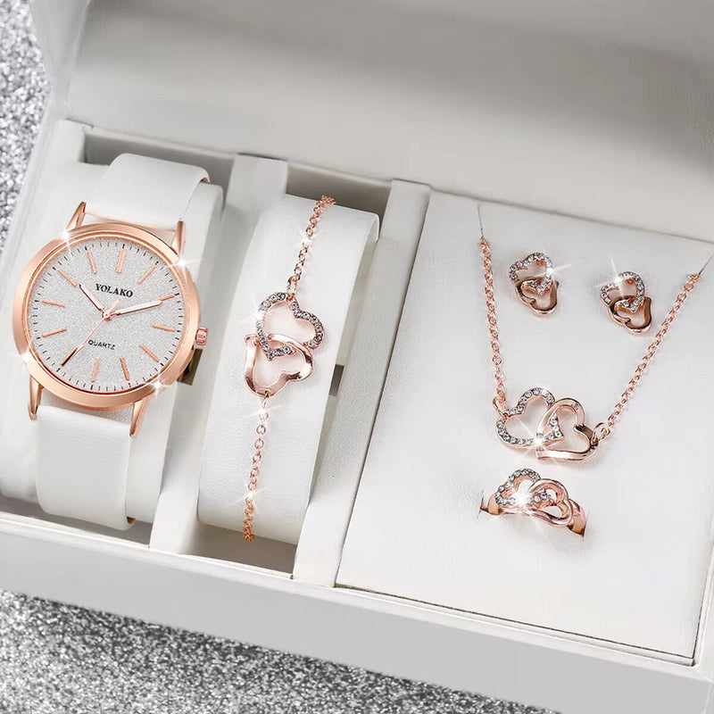 Women's Matte Dial Watches with Diamond Heart Jewelry Sets