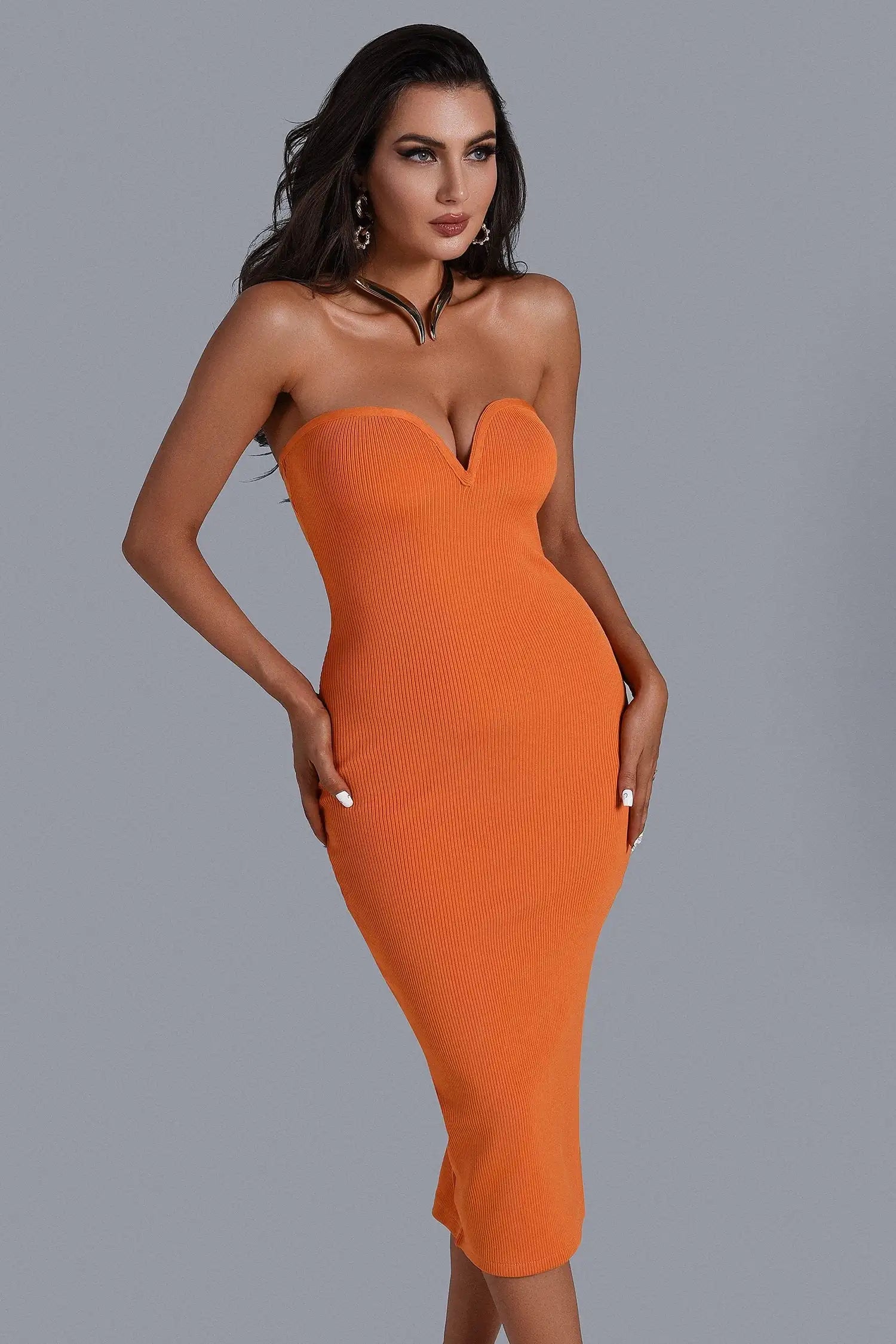 Women's Color Strapless Bodycon Mid-calf Dress