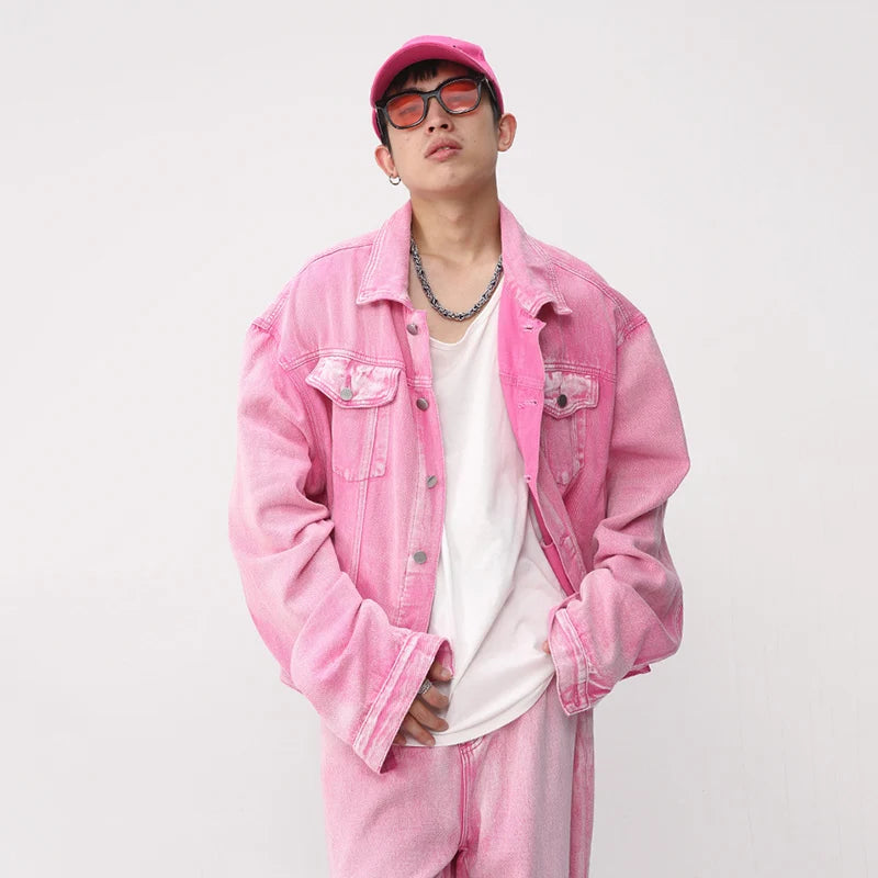 IEFB Trendy Korean Male Pink Color Set Solid Color Lapel Denim Jacket Coat Wide Leg Straight Jeans Men's Casual Two Piece 9A8557