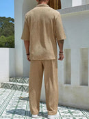 Men's Turn-down V-neck Loose Short Sleeved Shirt and Long Pants Co-Ord