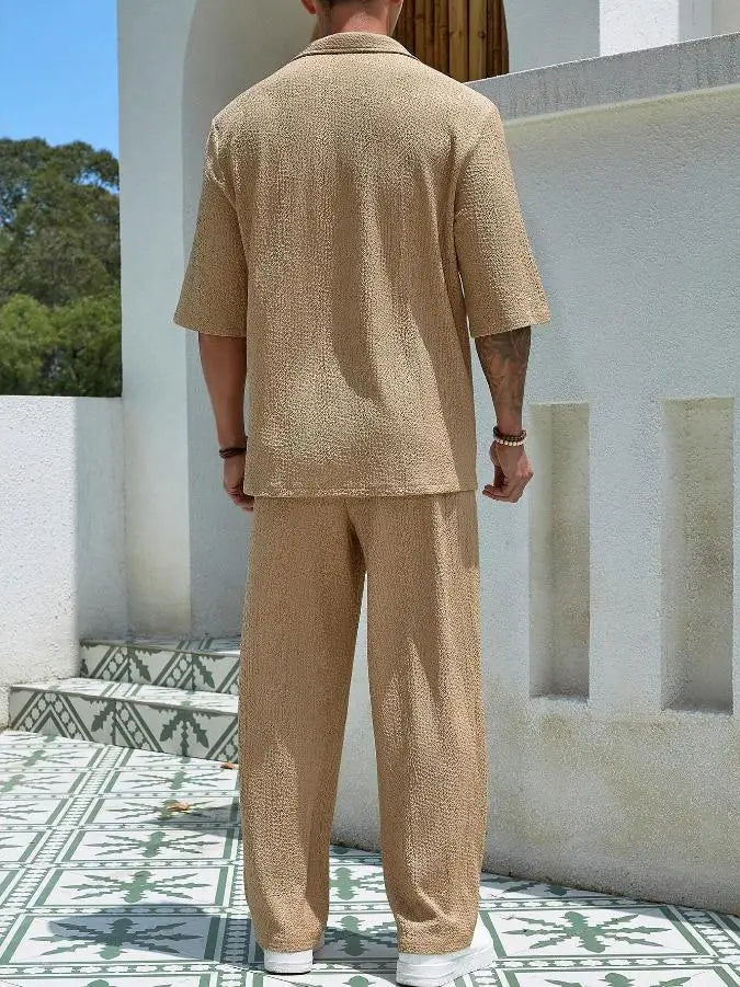 Men's Turn-down V-neck Loose Short Sleeved Shirt and Long Pants Co-Ord