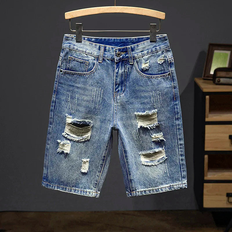 Ripped Jeans Men Denim Shorts Hip Hop Slim Straight Blue Hollow Out Moto & Biker Jeans Knee Length Pants 2024 Summer Shorts Boys