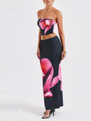 Women's Floral Print Tube Tops and Elastic Bodycon Long Skirt Set