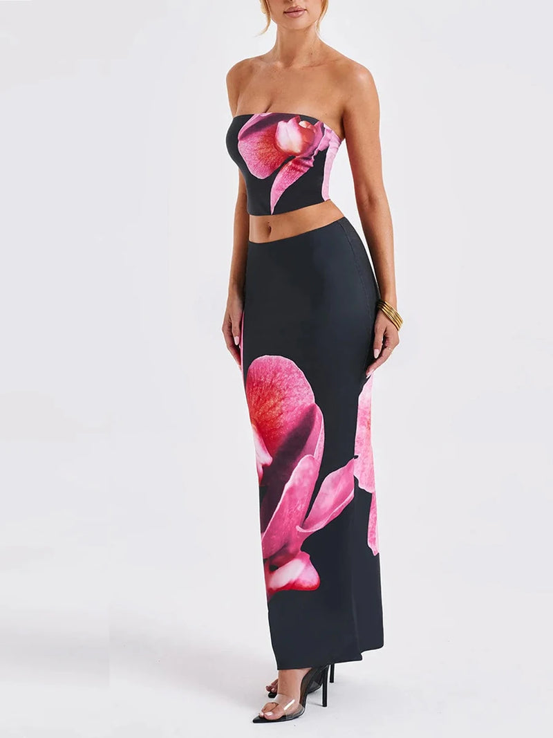 Women's Floral Print Tube Tops and Elastic Bodycon Long Skirt Set