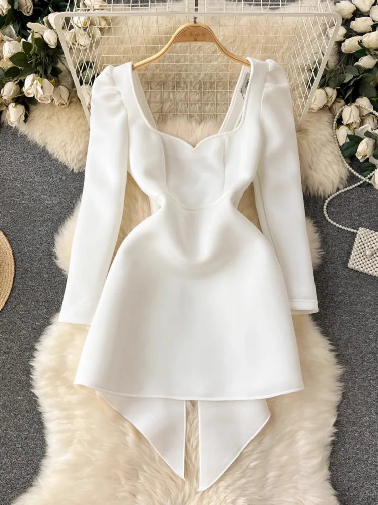 Women's White Backless Bow Slim Waist Long Sleeve Mini Dress