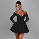 Women's Burgundy Off Shoulder Slim Backless Long Sleeve A-line Mini Dress