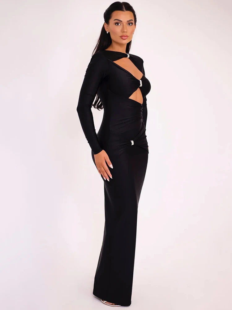 Women's Hollow Out Long Sleeve Solid Color Slim Fit Cut Out Maxi Dress