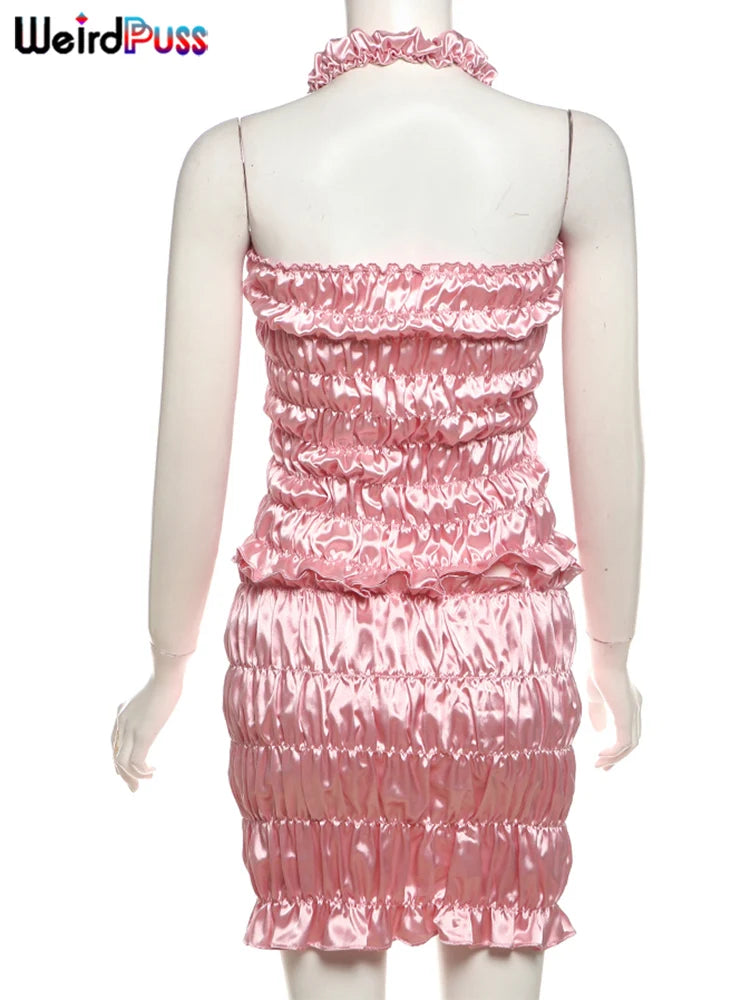 Women's Ruched Halter Tops And Mini Skirt Matching Sets