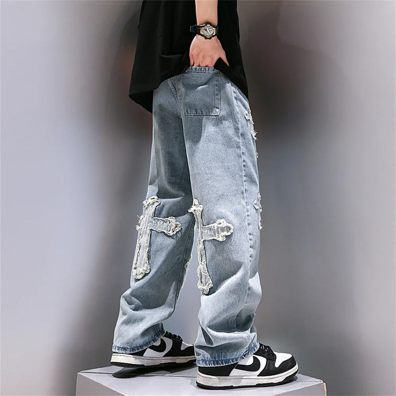 High Street Jeans Men Cross Graphic Baggy Denim Pants