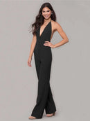 Women's Halter Neck Leace Up Solid Color Deep V-neck Backless High Waist Jumpsuit