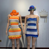 Knitted 2 Piece Sets Women Hats And Mini Skirts Fashion Casual Strapless Dress Matching Suits