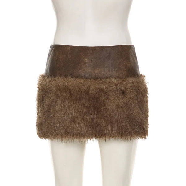 Women's PU Leather Splicing Faux Fur Skirts