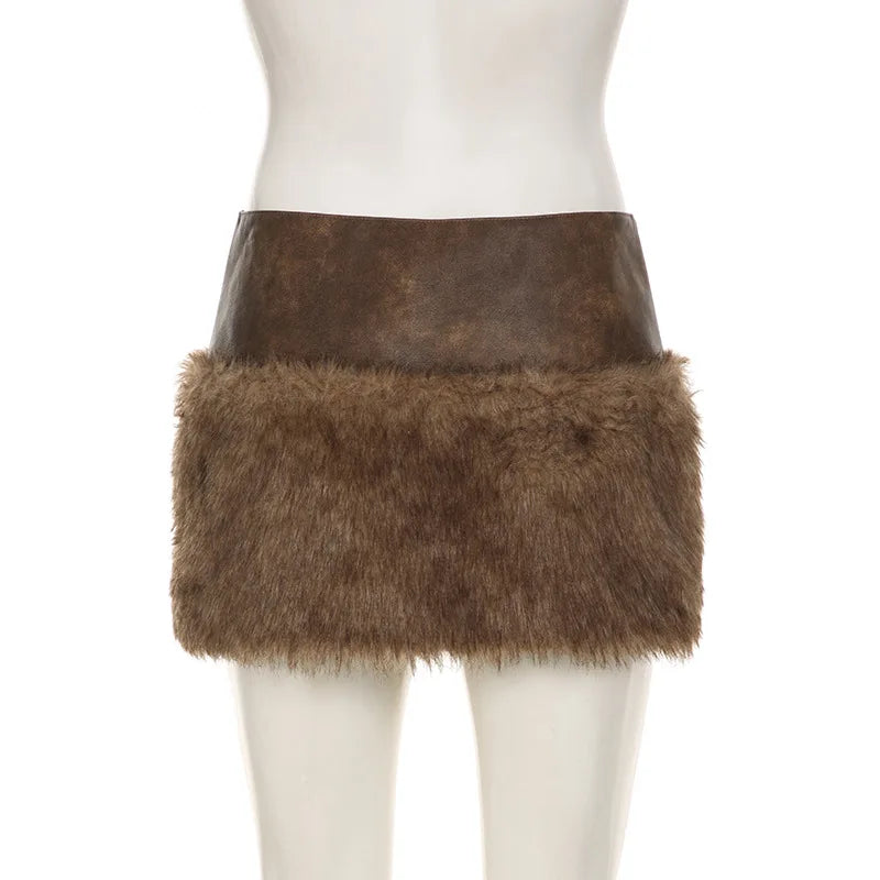 Women's PU Leather Splicing Faux Fur Skirts