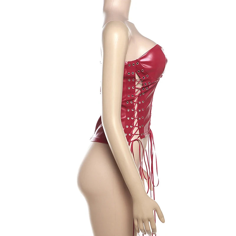 Women's Red Strapless Low Cut Neck Lacing Hollow Rave Buster Corset