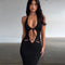 Women’s Black Backless V-neck Lace-up Slim Fit Hollow Out Slit Dress