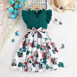 Girls Emerald Green Ruffled Sleeveless Floral Princess Dress