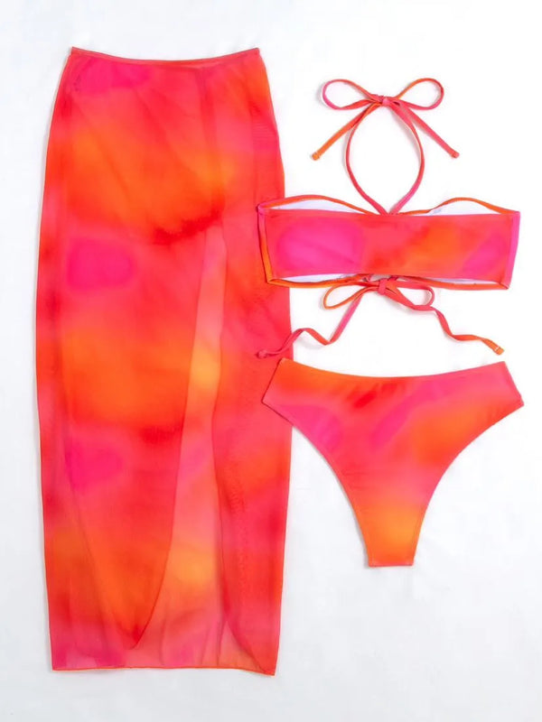 Women's Orange Tie Dye Halter Bandage Cross Push Up Skirt 3 Piece Cover Up