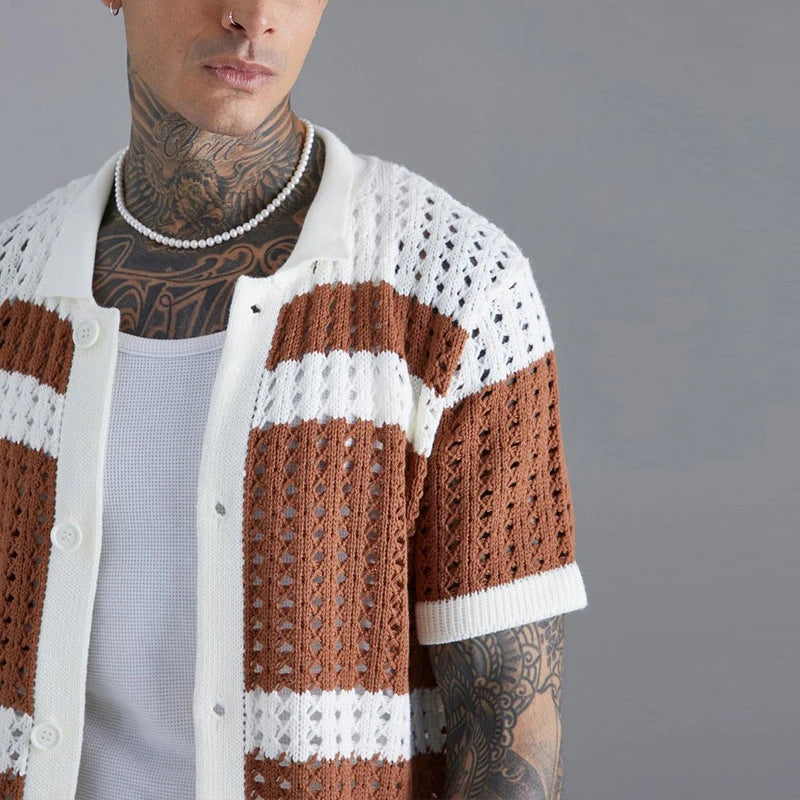 Men's Striped Short Sleeve Knit Turndown Collar Button Shirt