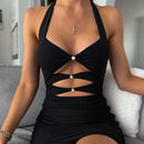 Women’s Halter Solid Sleeveless And Backless Hollow Mini Dress