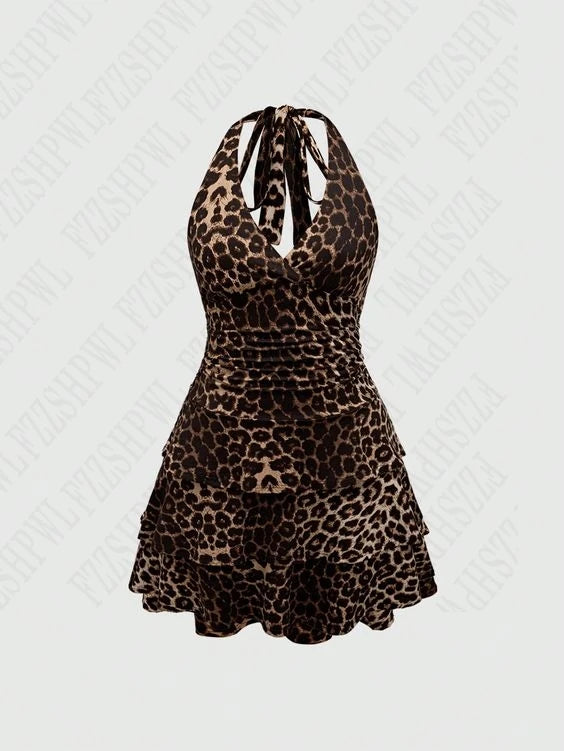 Women's Leopard Print A-line V-Cut Low Back Mini Dress