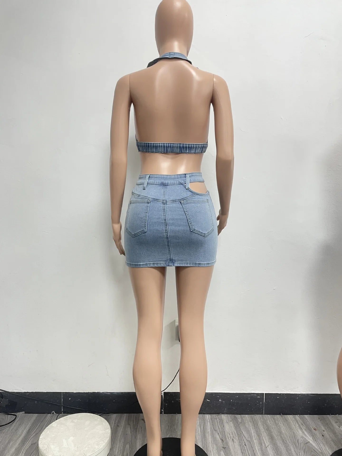 CM.YAYA Summer Denim Women Set Sleeveless Halter Vest Tops and Jeans Skirts Street Backless Two 2 Piece Sets Outfit Tracksuit