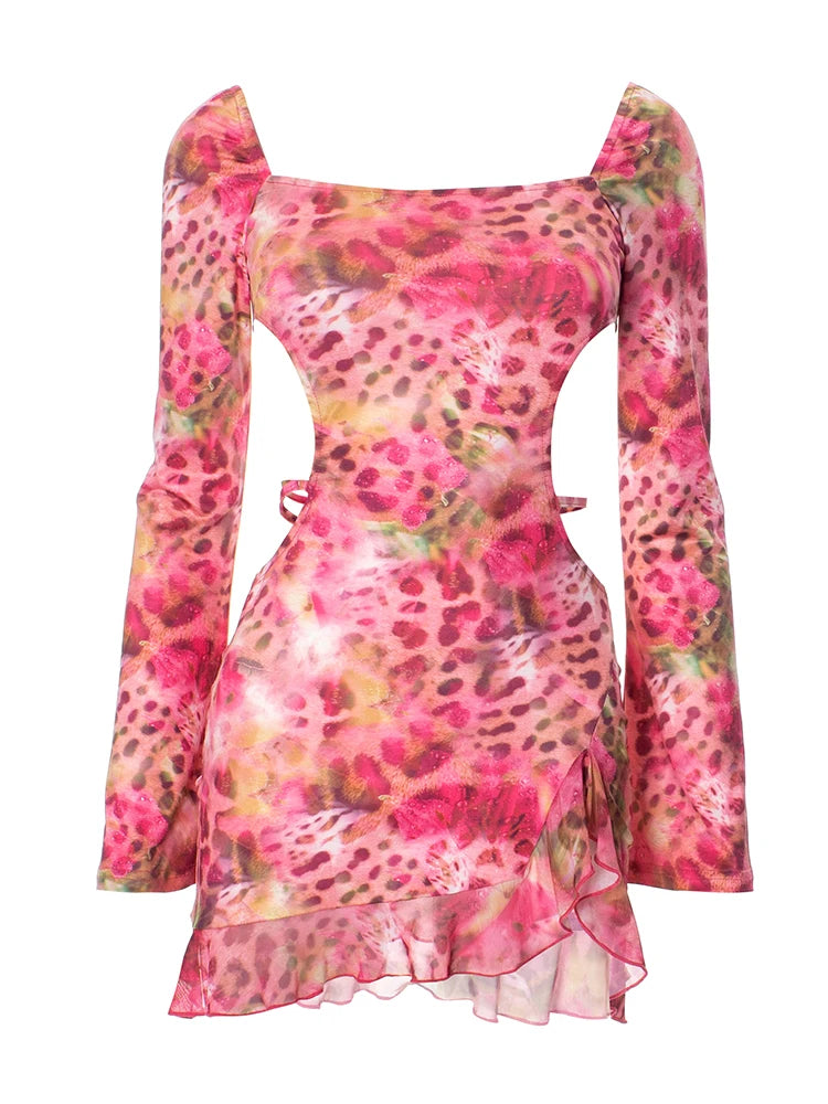 Women's Colorful Hollow Slash Neck Bandage Backless Leopard Print Ruffles bodycon Mini Dess