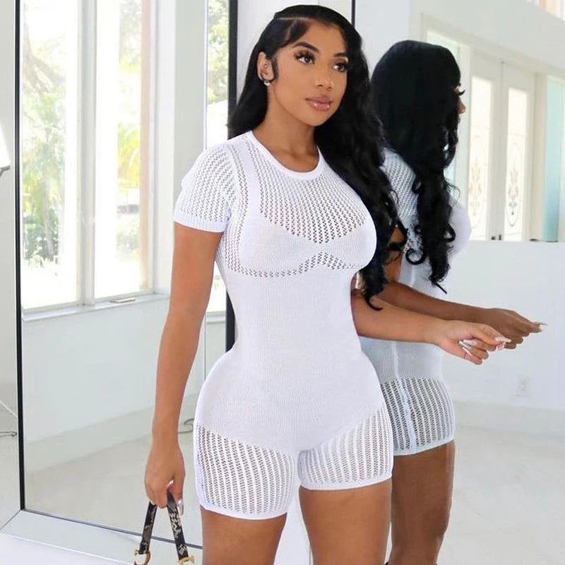 Women's Solid Knitted Short Sleeve Zip Up Bodycon Skinny One Piece Playsuit