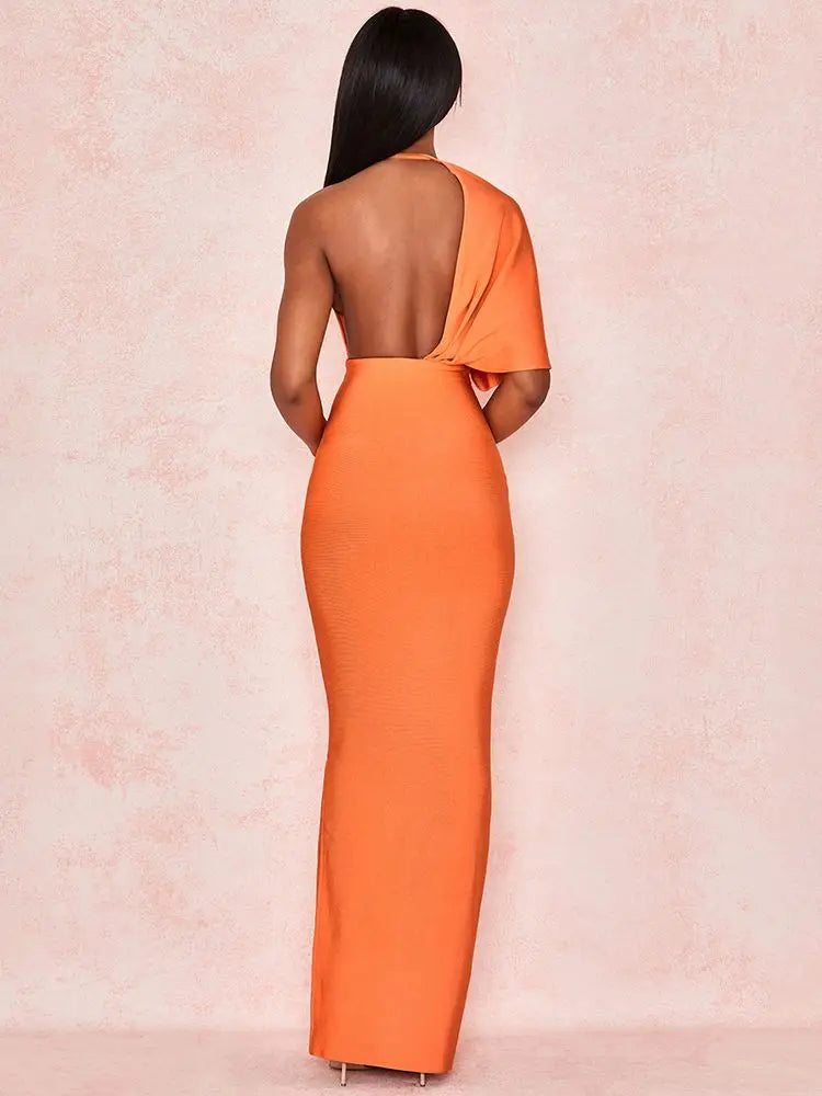 Women's Orange Bandage Drape Asymmetric Sleeve Deep V Neck Stretchy Bodycon Maxi Dress