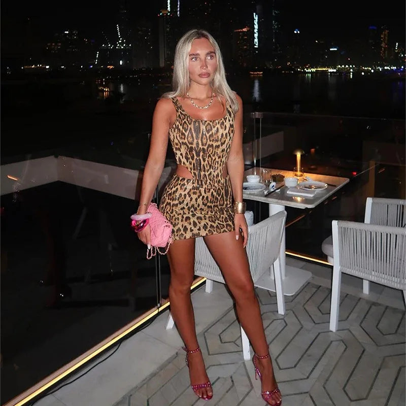 Women's Leopard Printed Backless Corset Crop Top and Mini Skirt Sets