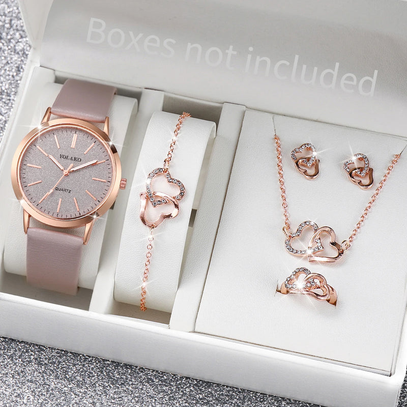 Women's Matte Dial Watches with Diamond Heart Jewelry Sets