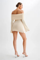 Women's Off-shoulder Strapless Backless Long Sleeve Ruched Draped Knitted Dress