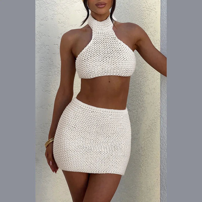 Women’s knitted sleeveless crop top+high waisted mini skirt set