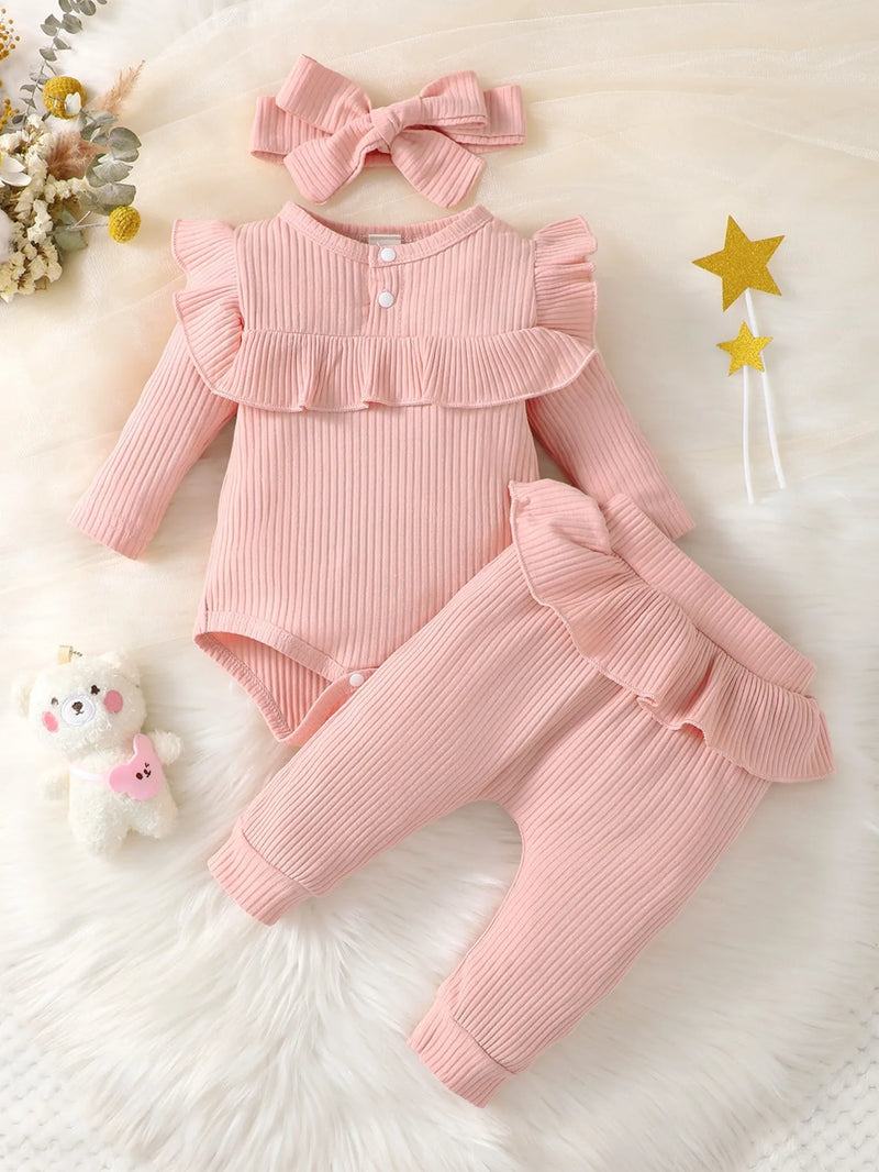 Girls Ruffle Trim Bodysuit, Pants And Headband