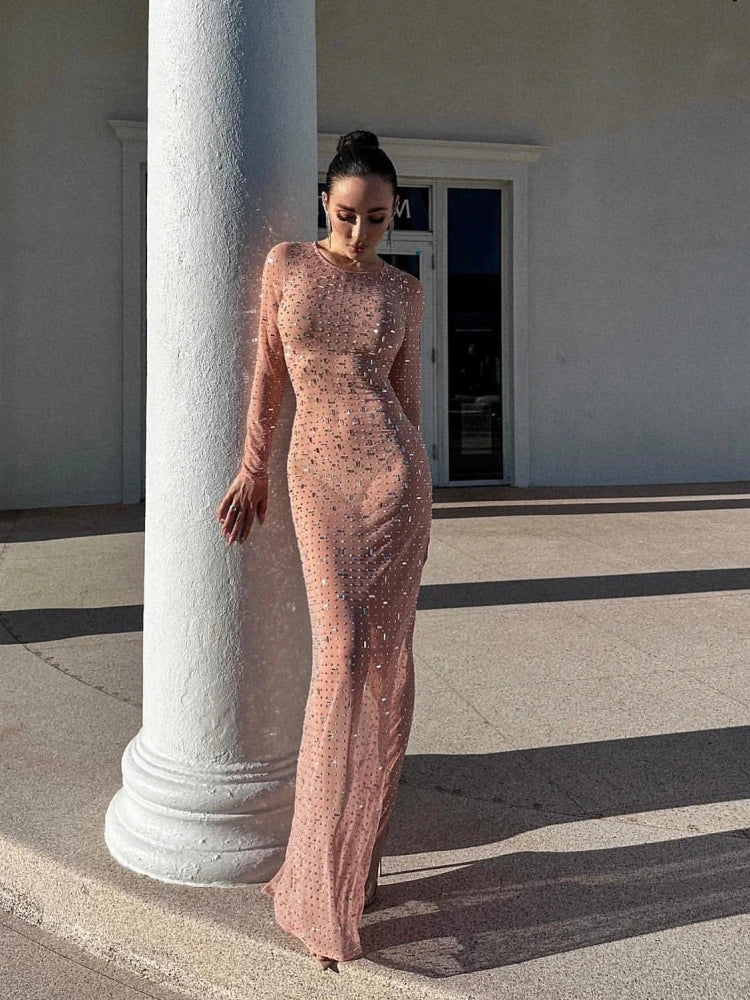 Sexy O Neck Mesh Crystal Diamond Long Dress.