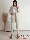 TRAFZA Office Lady Beige Women Suits Long Sleeve V Neck Oversized Blazer+High Waist Wide Leg Pants Fashion 2024 Vintage Sets