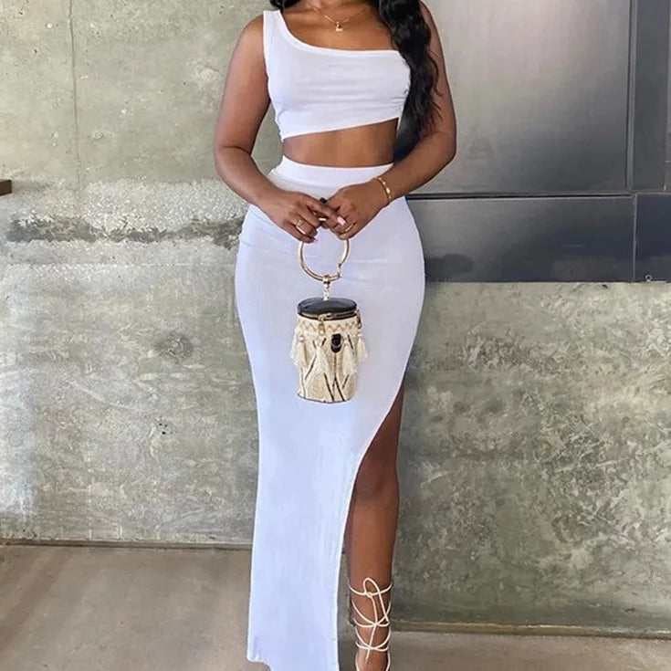 Women’s One shoulder Crop Top and High Waist Long Skirt Two Piece Sets