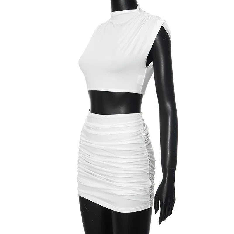 Women's Ruched Sleeveless Crop Tops and Mini Skirt