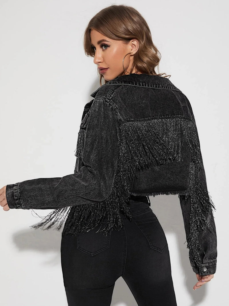 Women's Fringe Tassel Cropped Hem Ripped Crop Denim Jacket