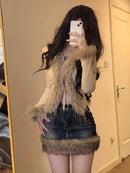 Washed Fur Paneled Denim Skirt for Women