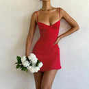 Women's Red Lace Up Hollow Backless Strap Mini Dress