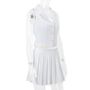 Women's Button Up Vest Top And Pleated Mini Skirt Sets