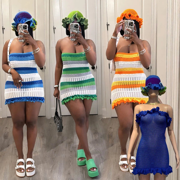 Women’s Knitted Hats And Mini Skirts Casual Strapless Mini Dress Sets