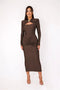 Women's Hollow Out Long Sleeve Metal Buckle Ruched Slit Long Dress