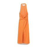 Women's Halter Backless Split Cross Waist A-line Orange Dress