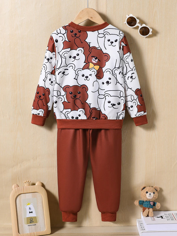 Boys Bear Print crew Neck Long Sleeve Top And Dark brown Printed Pants Co-Ord