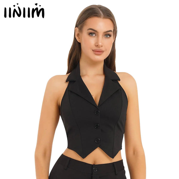 Women's Lapel Halter Backless Camis Button Down Pointed Hem Vest Crop Tops