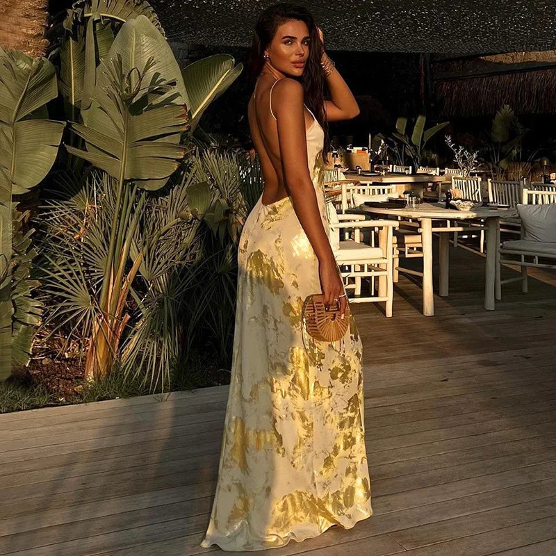 Women’s Backless Gold Bodycon Maxi Dress